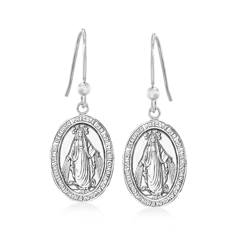 Sterling silver miraculous medal drop earrings with oval medallion and earwire
