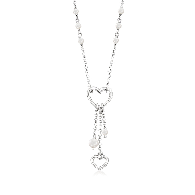 Sterling silver cultured pearl heart drop necklace with station hearts