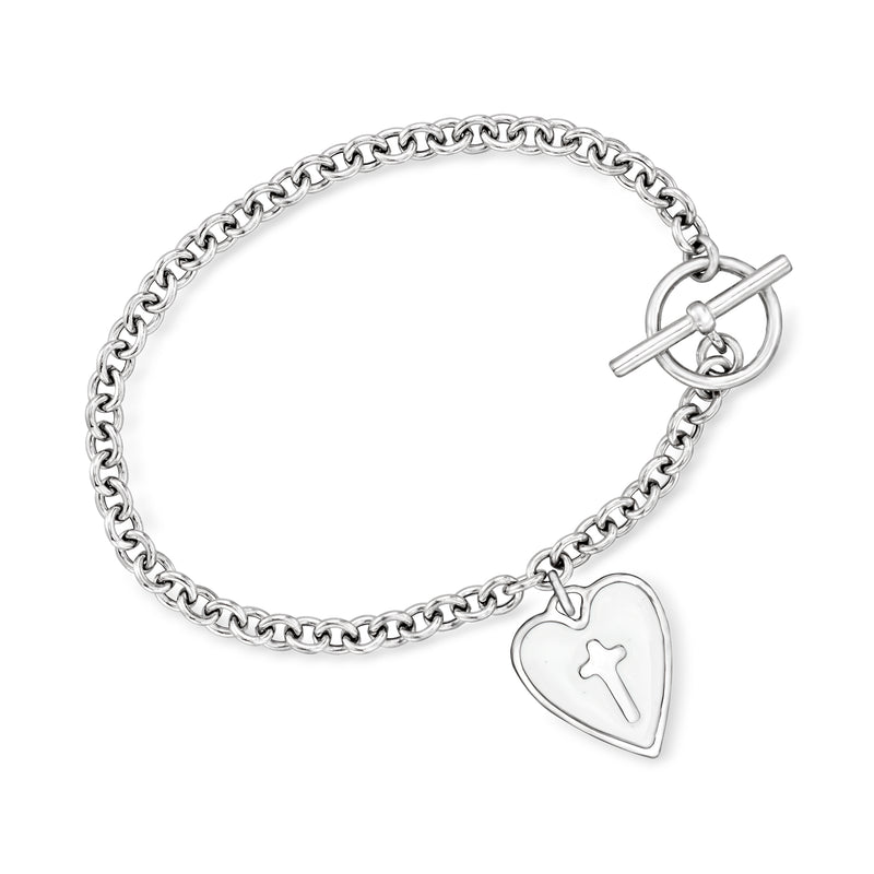Sterling silver chain bracelet with heart charm, white enamel cross, and toggle clasp