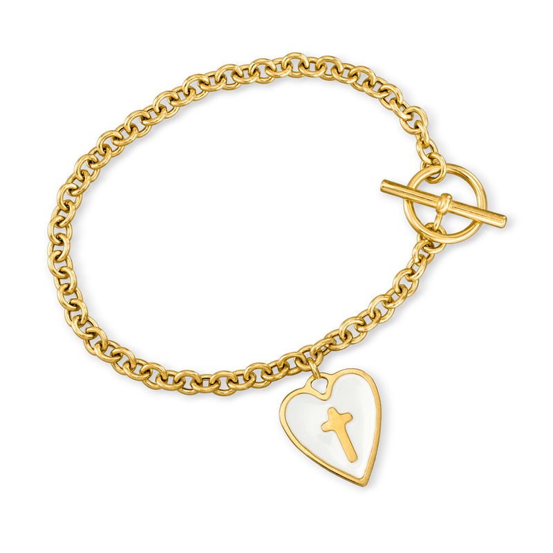 Gold charm toggle bracelet with heart enamel cross pendant