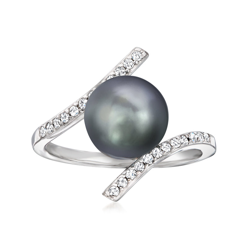 14kt white gold ring with dark round Tahitian pearl and diamond crisscross settings