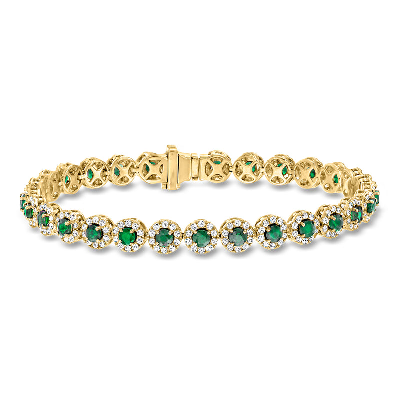 Emerald and diamond tennis bracelet in 14kt yellow gold, green round stones