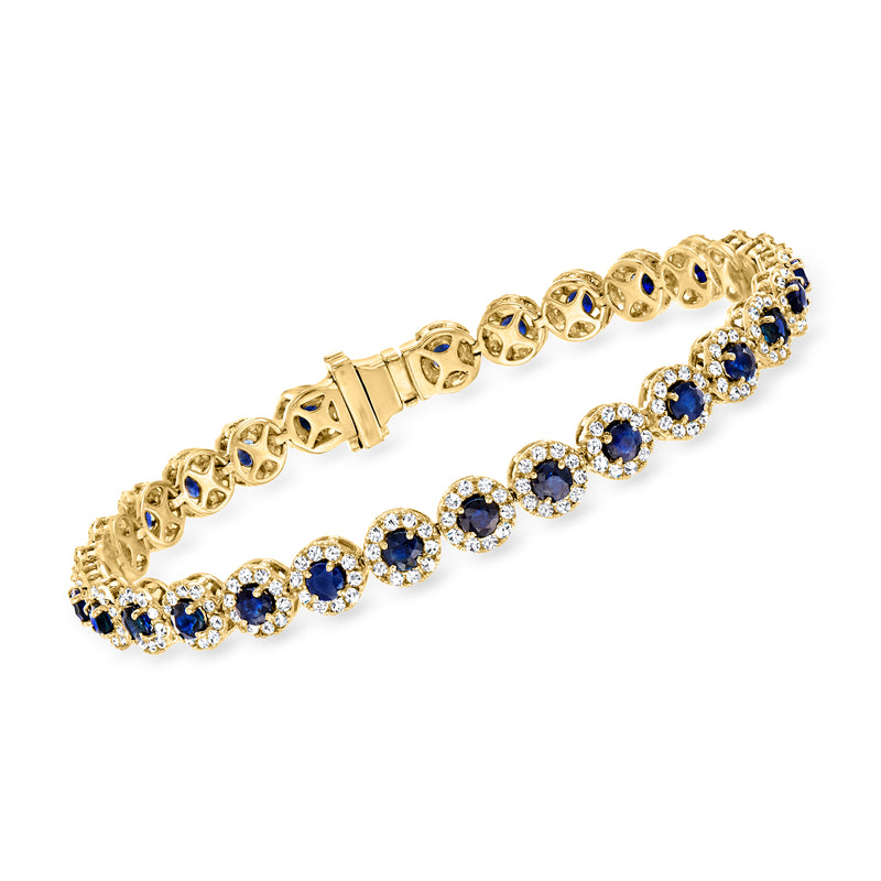 14kt yellow gold tennis bracelet with blue sapphire oval stones and diamond accents