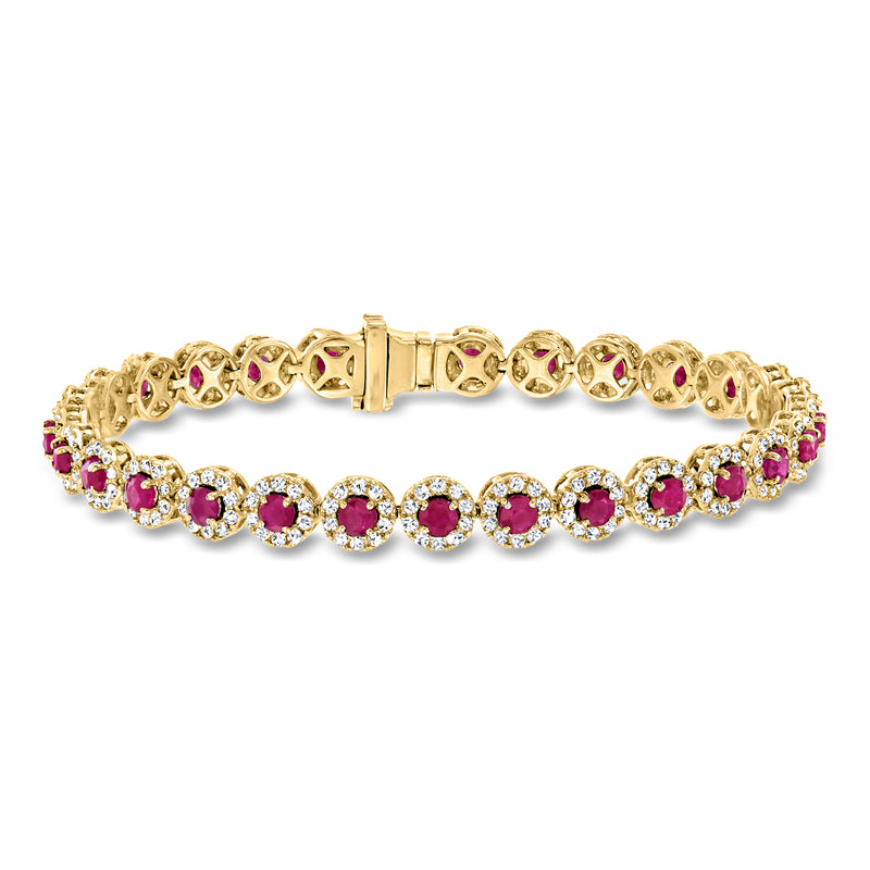 14kt yellow gold tennis bracelet with oval ruby and round diamond stations