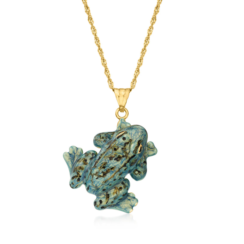 Frog pendant necklace with teal-green enamel frog on gold-tone chain