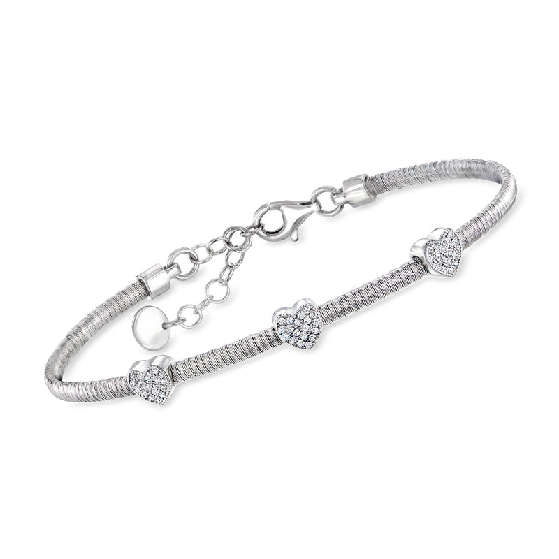 Sterling silver CZ heart station bracelet with three heart-shaped crystal charms