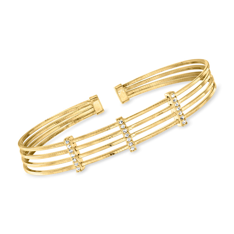 Gold-tone CZ station cuff bracelet with three square stone-set bars