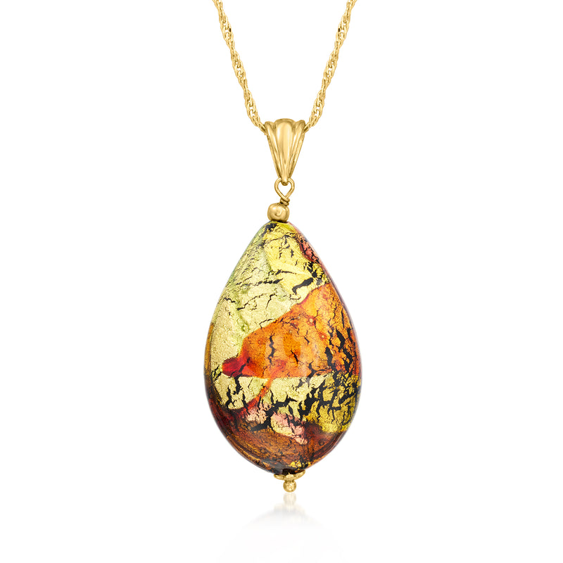 Gold pendant necklace with teardrop multicolored Murano glass bead, on-link chain