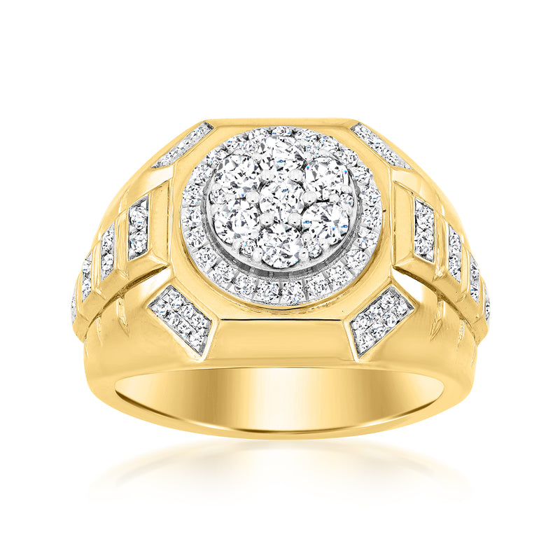 Men's diamond ring in 14kt yellow gold with round cluster and side stones