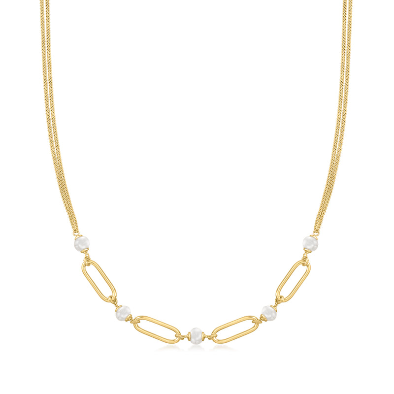 Gold paperclip link necklace with small cultured pearls