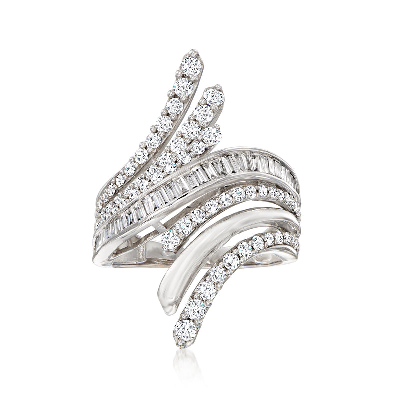 14kt white gold diamond bypass ring with round and baguette stones, three crossover rows