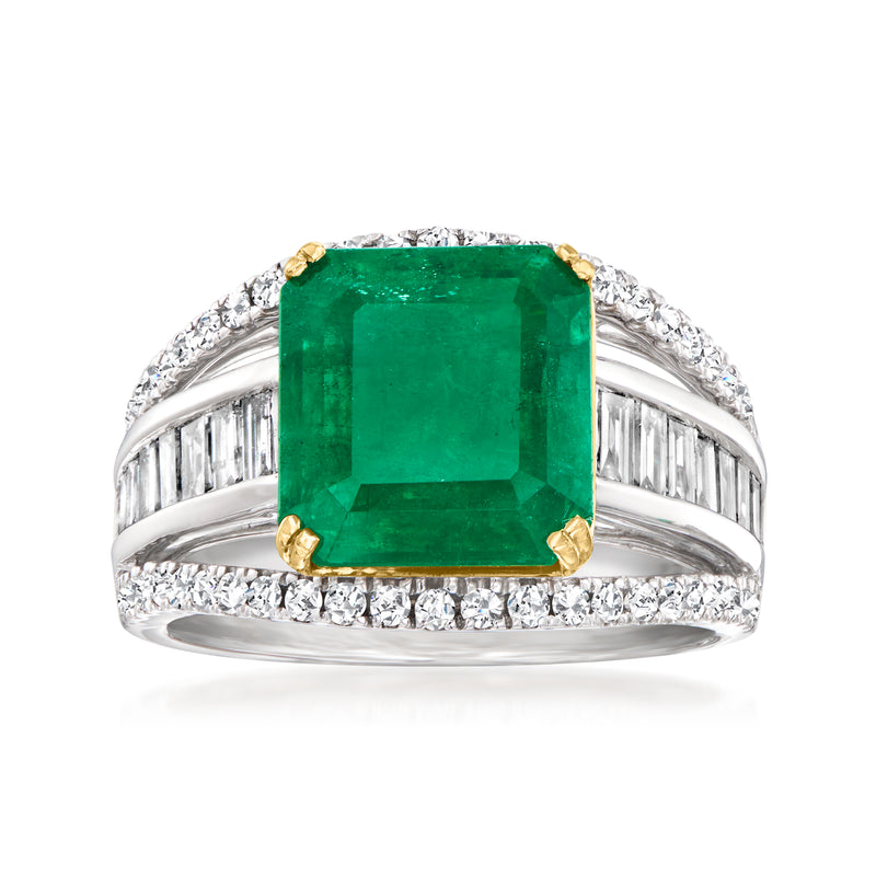 Two-tone gold ring with emerald-cut green gemstone and diamond baguette sides