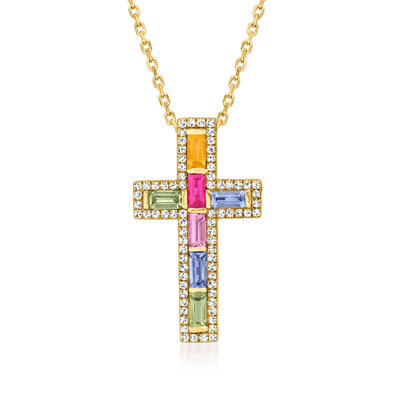 14kt yellow gold cross pendant necklace with multicolored sapphire and diamond accents