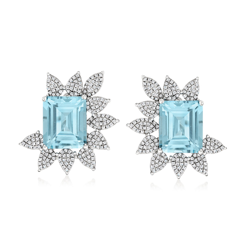 Sky blue topaz and diamond cluster stud earrings in 14k white gold, floral crescent setting