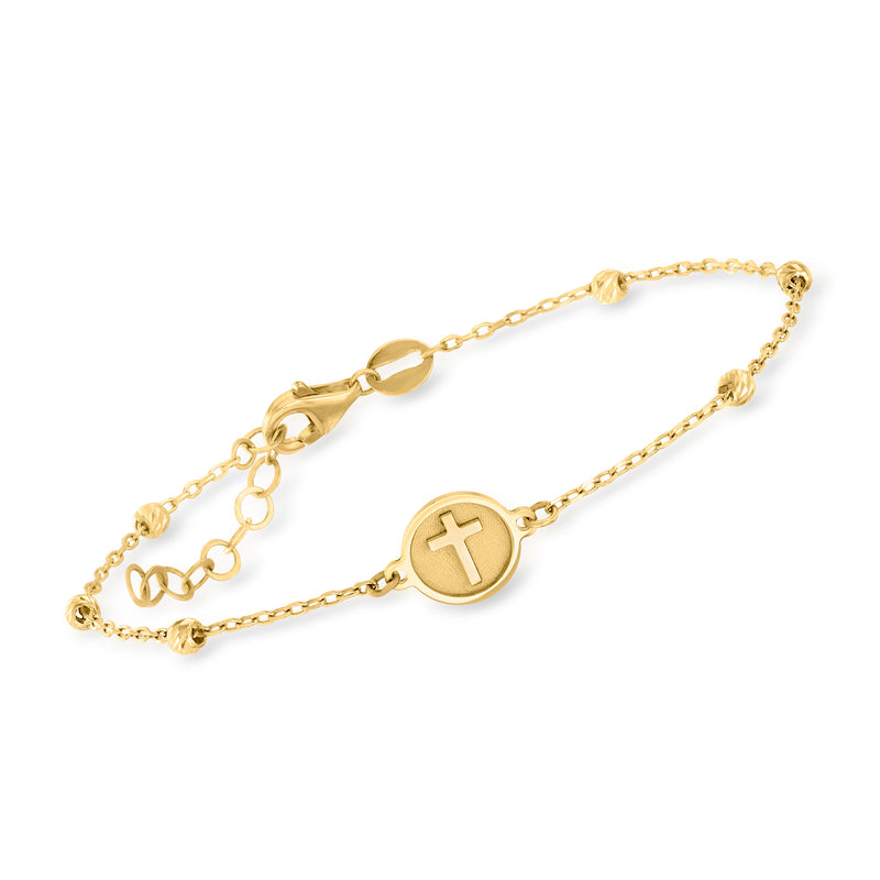14kt yellow gold bead and cross station bracelet with round cross charm