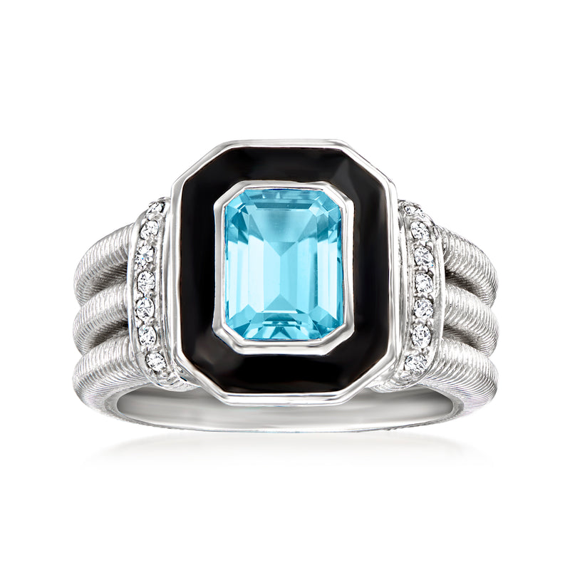 Sterling silver ring with blue topaz, black enamel bezel, diamond accents and split shank