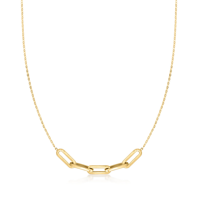 14kt yellow gold paper clip link center necklace on a fine chain
