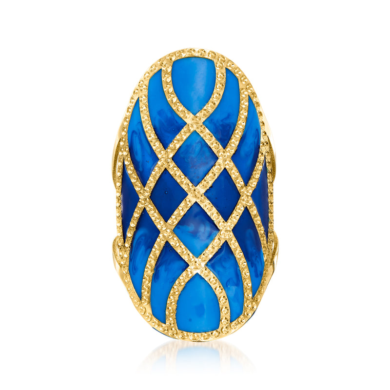 14kt yellow gold oval enamel ring with blue X-pattern lattice and cabochon accents