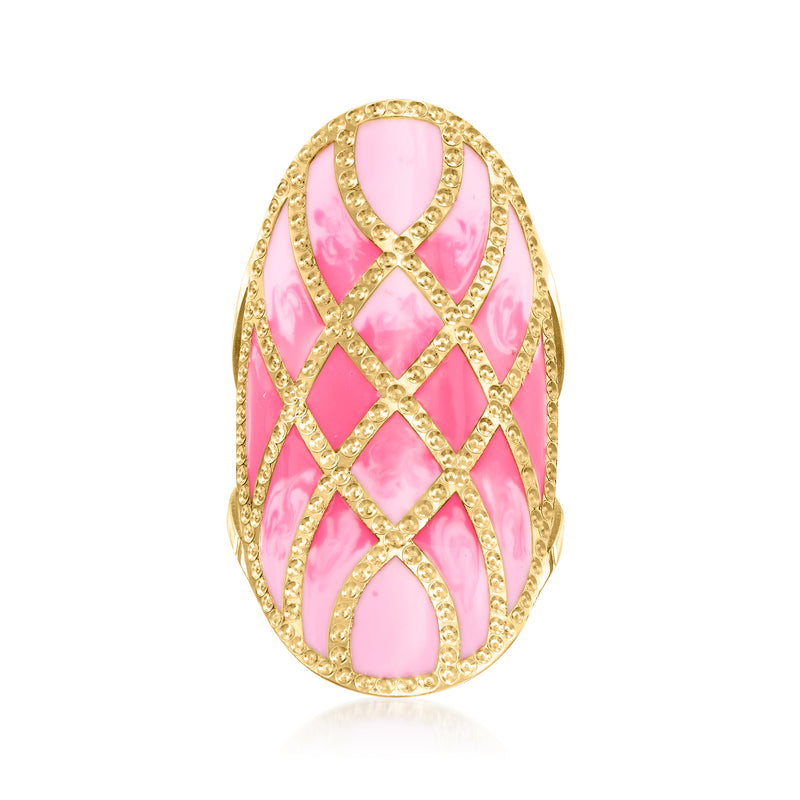 14kt yellow gold oval ring with pink enamel and gold lattice detailing