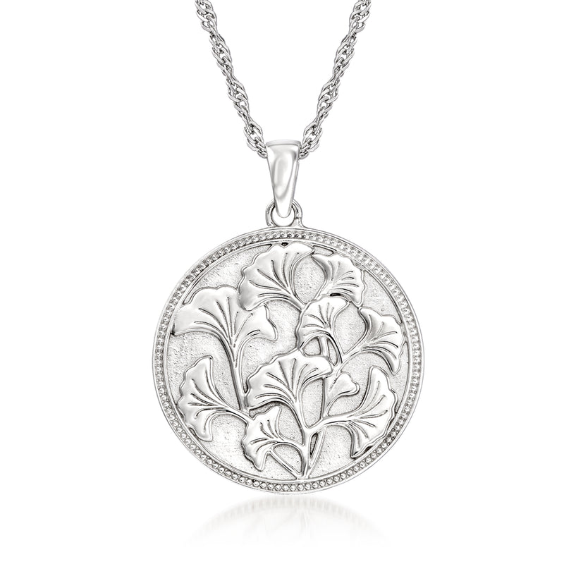 Sterling silver ginkgo leaf pendant necklace with round engraved leaf disc and chain
