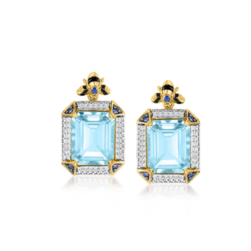 Gold over sterling bumblebee drop earrings with sky-blue square stones and white accents