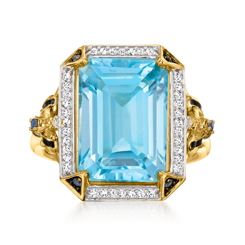 18kt gold over sterling ring with sky-blue topaz center, white stone halo, prong-set cushion