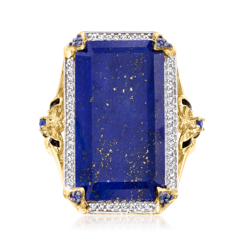 Bumblebee ring with large blue rectangular gemstone, diamond halo, gold band
