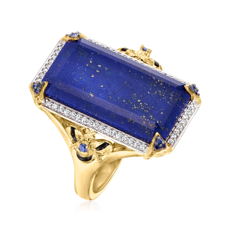 Lapis rectangular ring with white topaz trim, sapphire accents, and gold-tone band