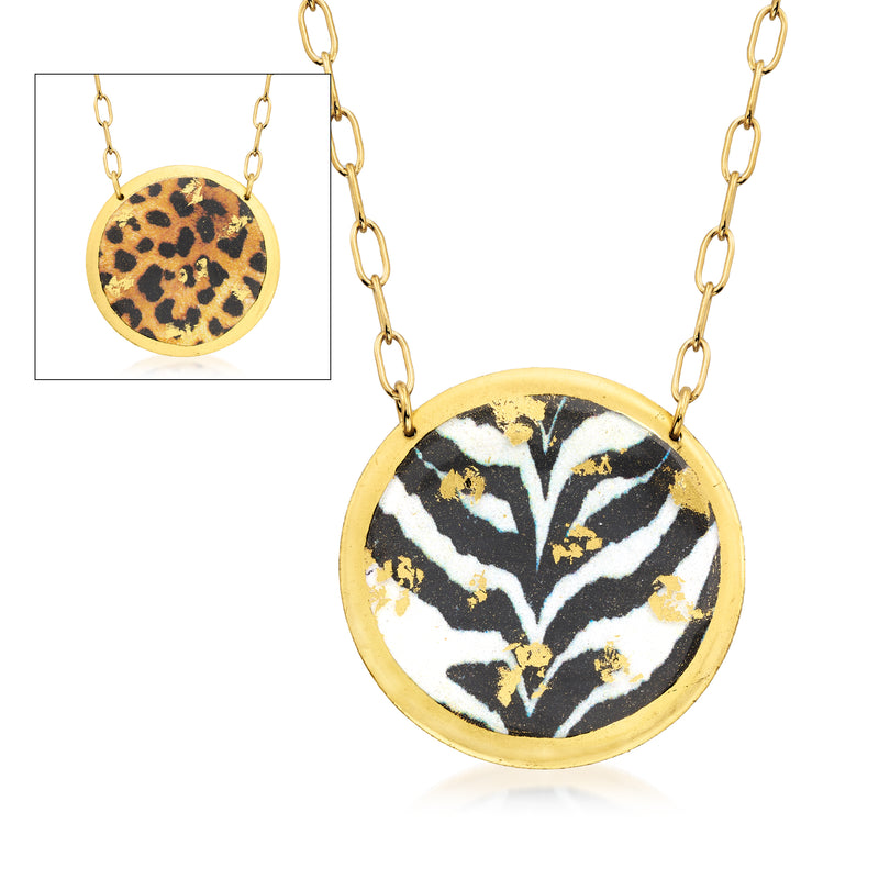 Reversible disc necklace with gold-rim pendant, black-and-white animal print