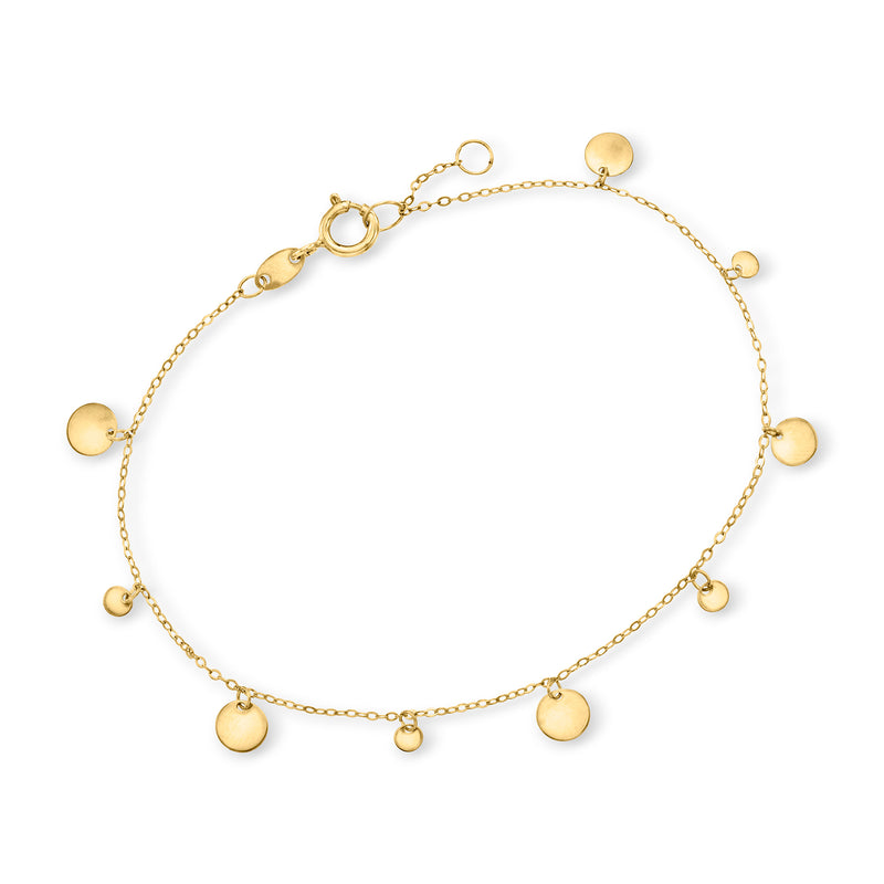 Polished yellow gold disc charm bracelet with small round charm links on a chain