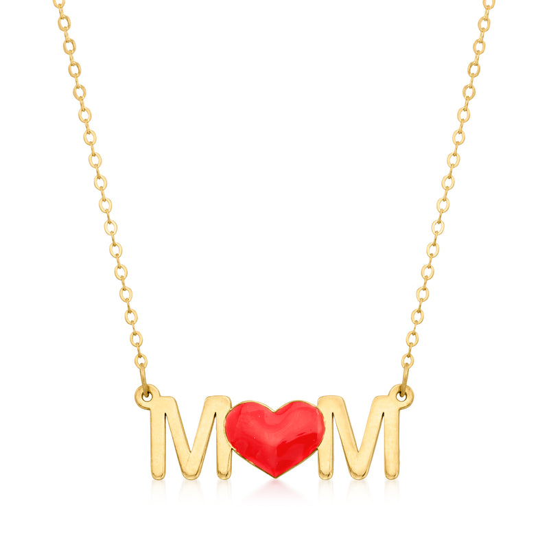 14kt yellow gold necklace with MOM pendant and red heart enamel