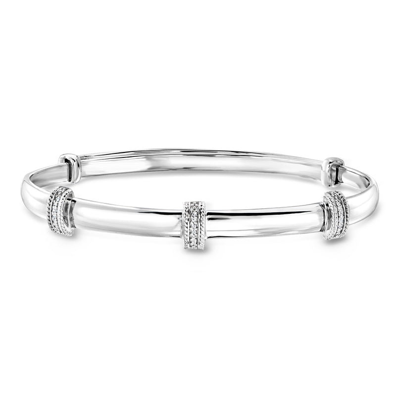Sterling silver diamond bangle bracelet with three pave-set detail segments