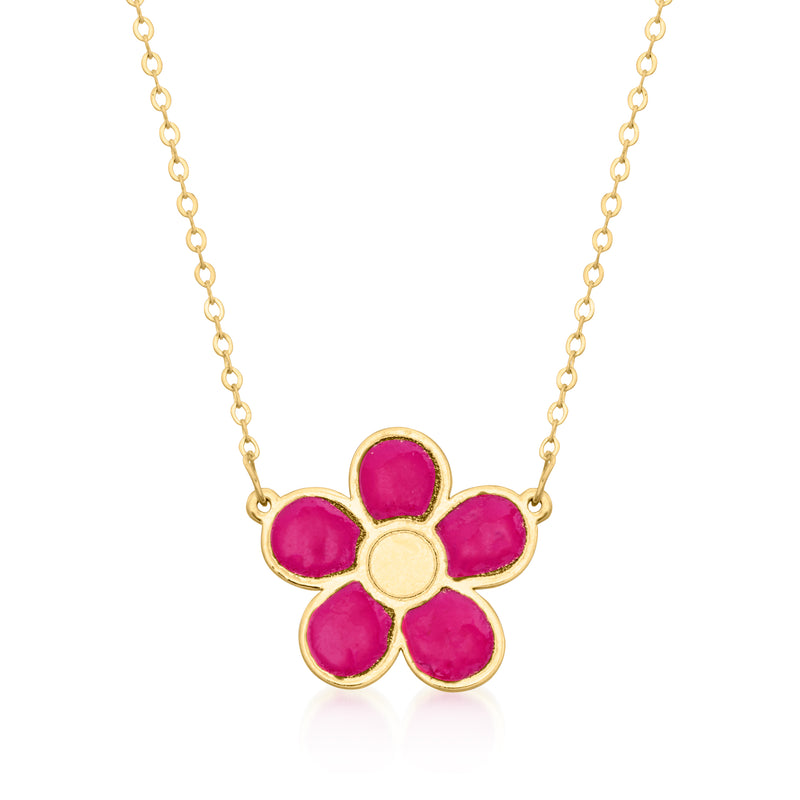 Yellow gold flower necklace with five pink enamel petals and round center