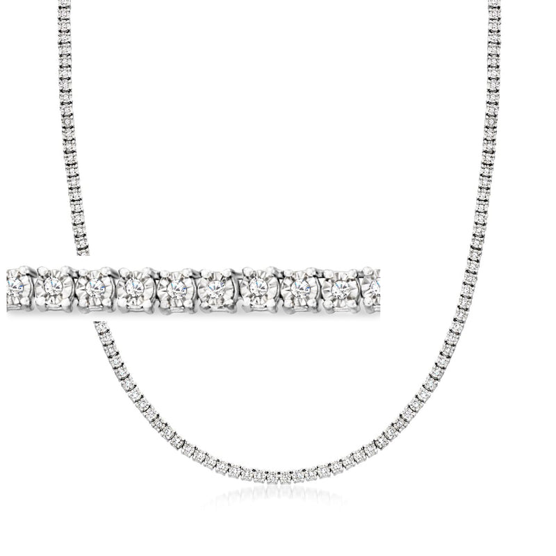 Sterling silver diamond tennis necklace with round stones on a row across the center