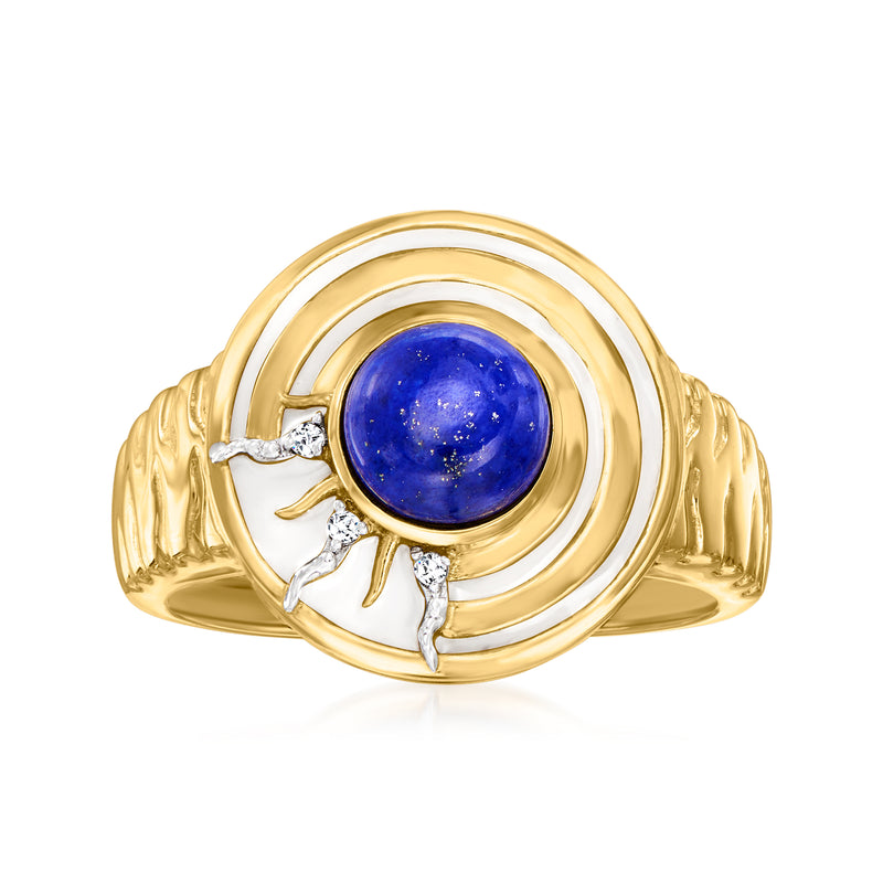 Gold-tone enamel ring with blue round center and white zircon accents