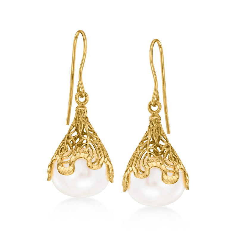 Yellow gold filigree drop earrings with white pearl teardrop and earwire hooks