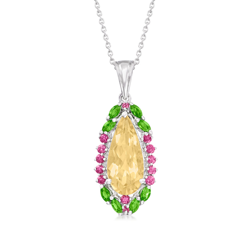 Sterling silver teardrop pendant with yellow citrine center, green and pink gems