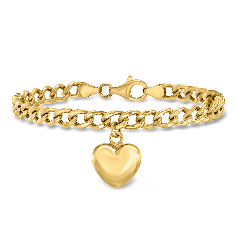 Gold curb-link bracelet with puffy heart charm, heart drop on short chain