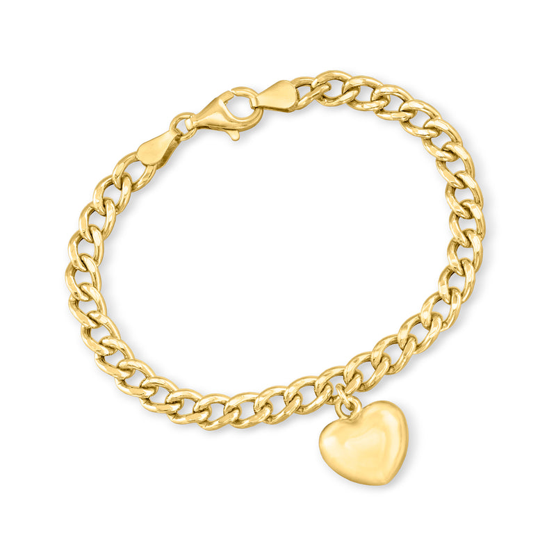 Gold curb-link bracelet with dangling puffy heart charm and round ring clasp