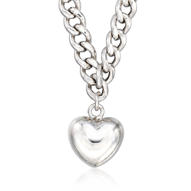 Sterling silver curb-link necklace with puffed heart pendant