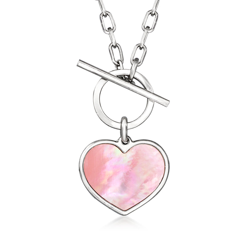 Sterling silver pink mother-of-pearl heart toggle necklace with heart pendant and bar clasp