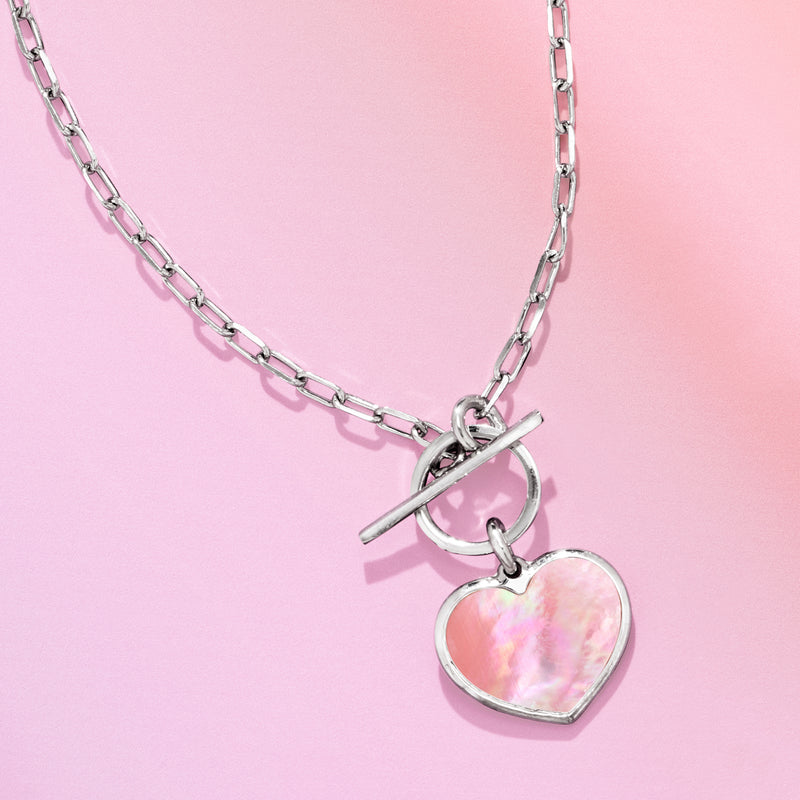 Sterling silver pink mother-of-pearl heart toggle necklace with linked chain and toggle clasp