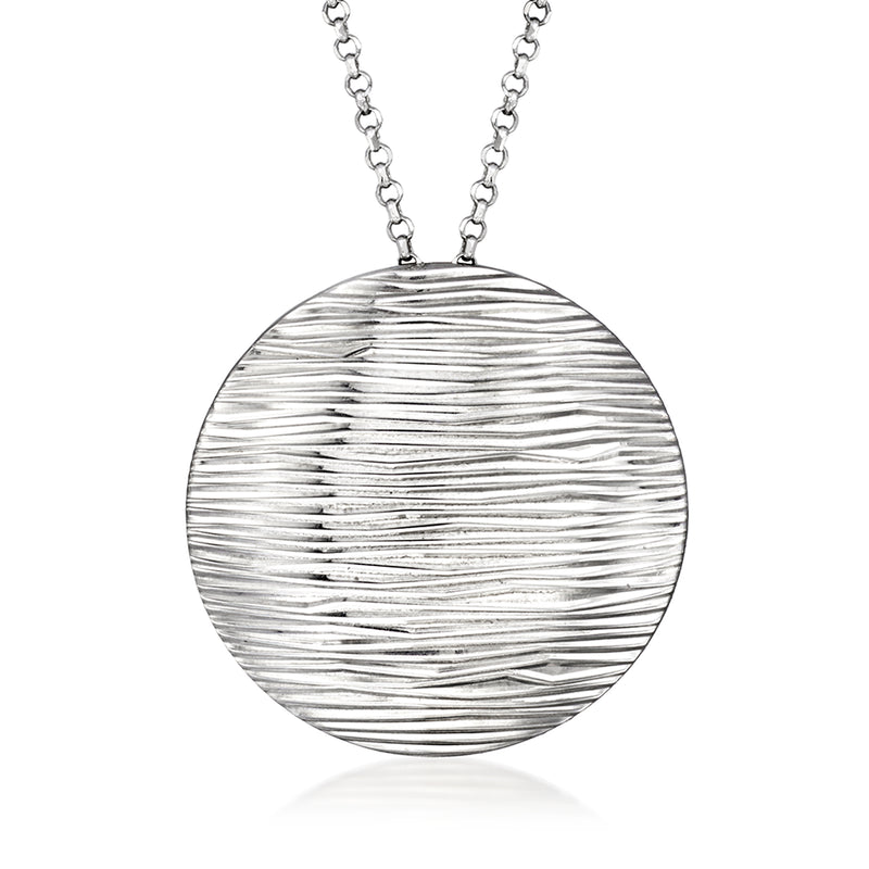 Sterling silver ridged round pendant necklace with linked chain and flat circular design