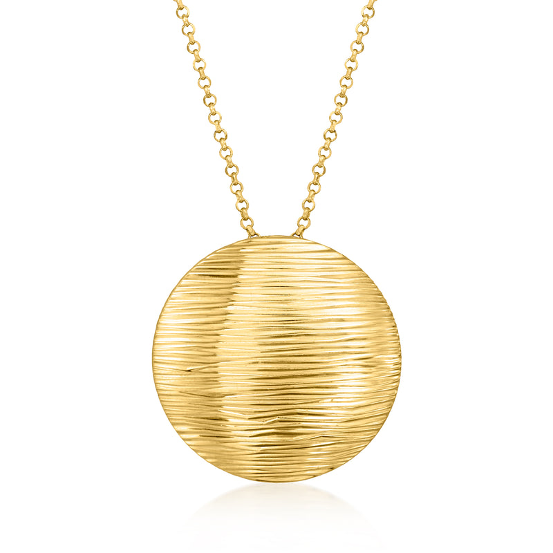 Italian gold over sterling ridged circle pendant necklace, round textured disc and chain