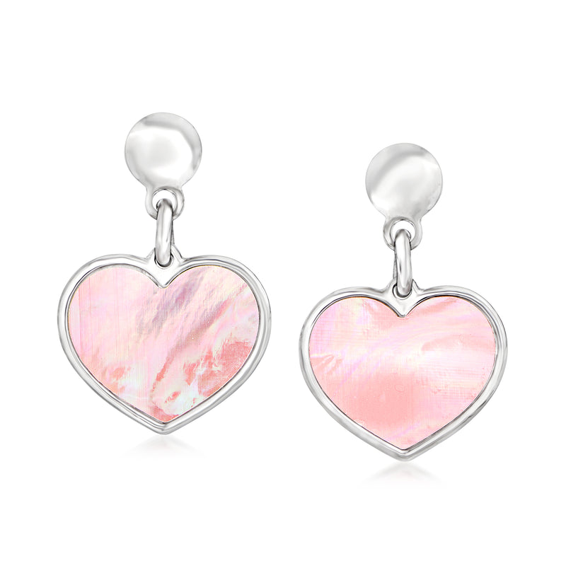 Sterling silver heart drop earrings with pink mother-of-pearl heart discs