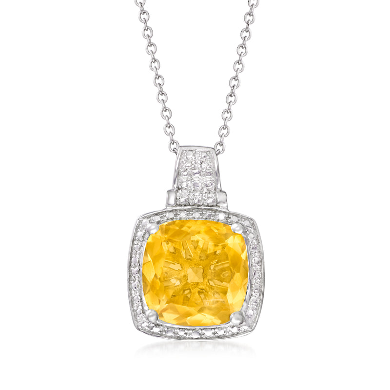 Sterling silver square citrine pendant necklace with diamond halo and link chain