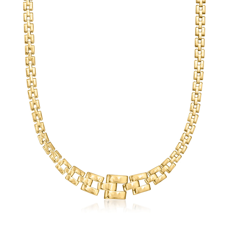 Gold over sterling graduated panther-link necklace with square links, V-shaped.