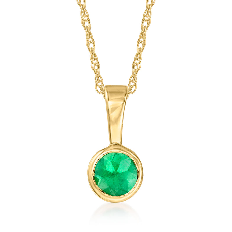 14kt yellow gold pendant necklace with round green emerald gemstone in bezel