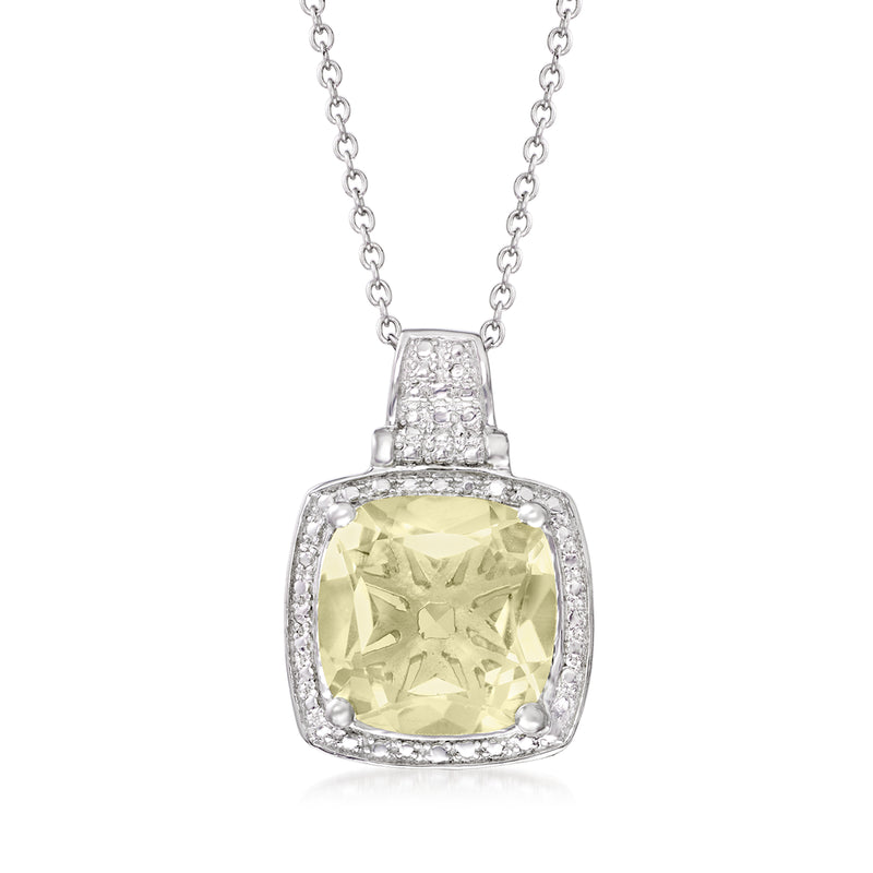 Lemon quartz square pendant necklace in sterling silver with diamond-like halo
