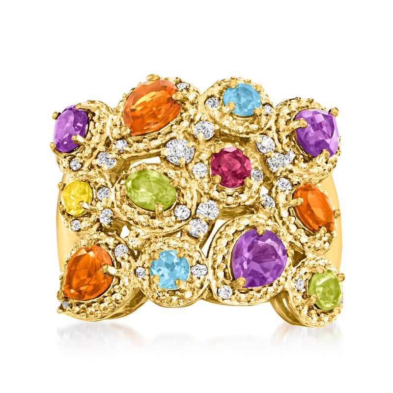 Gold-tone multi-gemstone ring with purple, blue, orange, green stones and diamond accents